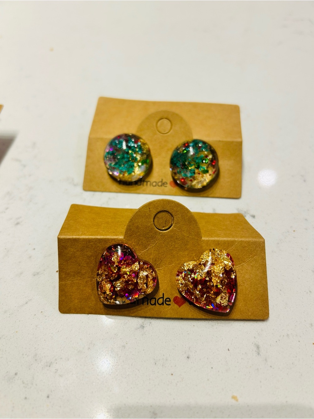 Handmade heart and round stud earrings. Lightweight and comfortable